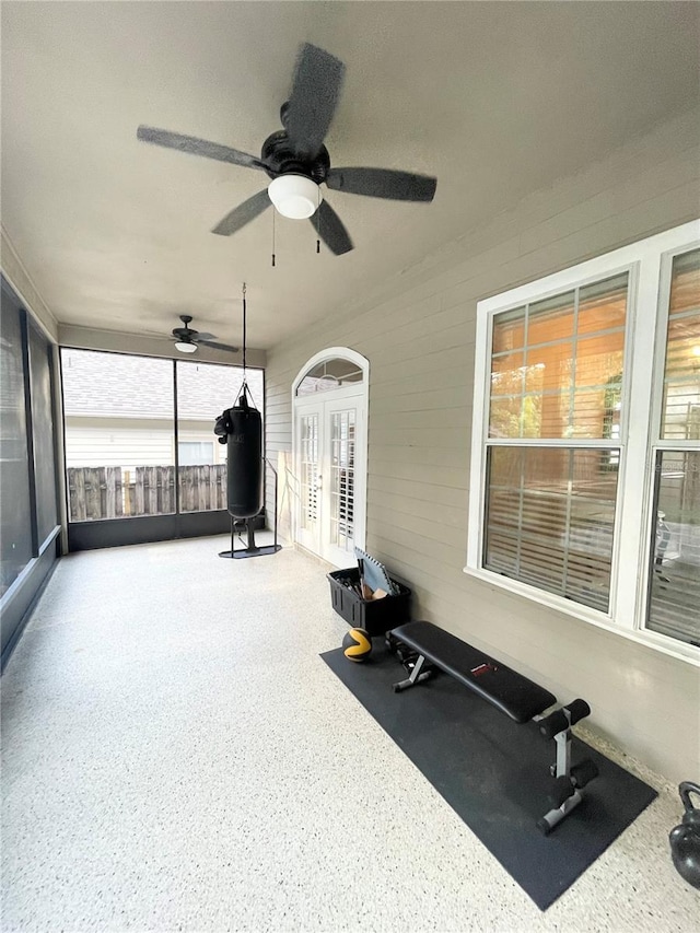 2244 NW 101st St, Gainesville, FL 32606 - exercise room featuring french doors and a ceiling fan