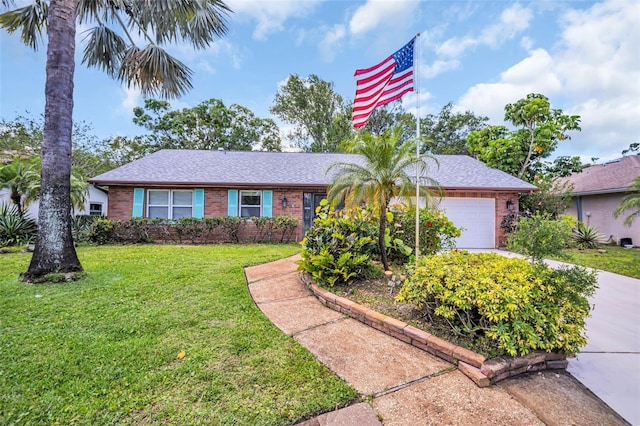 3224 Hilary Cir, Palm Harbor, FL 34684 - ranch-style house with an attached garage, a front yard, brick siding, and driveway