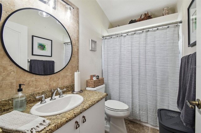 11446 Sinatra Ct, New Port Richey, FL 34654 - bathroom with toilet, vanity, tasteful backsplash, and a shower with shower curtain