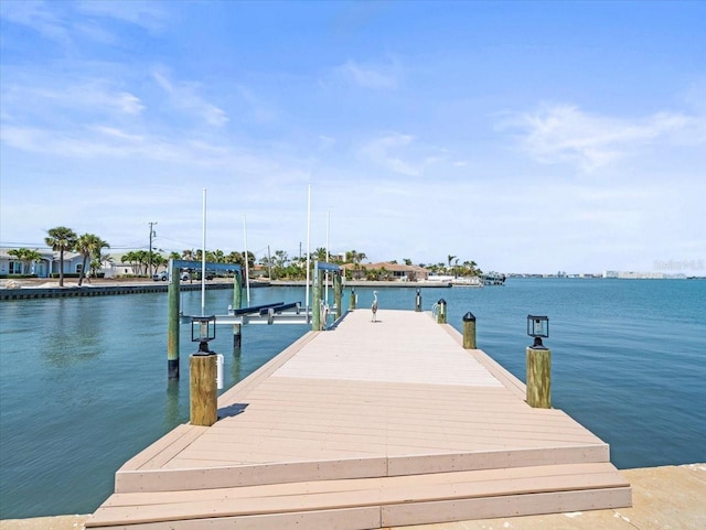 dock area featuring boat lift and a water view