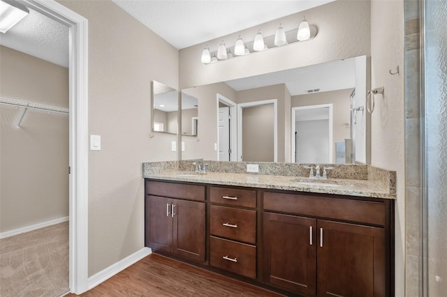 6937 Gideon Cir, Zephyrhills, FL 33541 - bathroom with double vanity, a spacious closet, baseboards, and wood finished floors