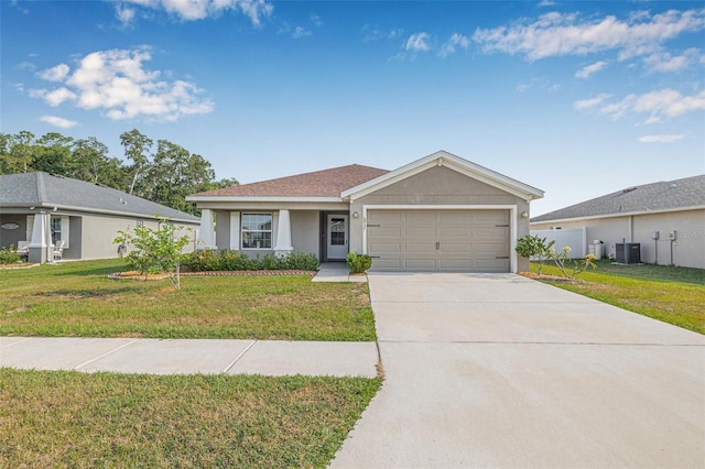 6937 Gideon Cir, Zephyrhills, FL 33541 - ranch-style house featuring central air condition unit, an attached garage, a front yard, and driveway