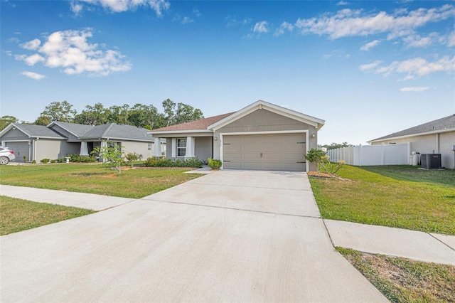 6937 Gideon Cir, Zephyrhills, FL 33541 - ranch-style home with an attached garage, concrete driveway, central AC, and stucco siding