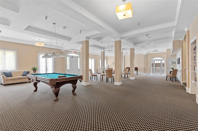 219 4th Ave N Unit 201, Saint Petersburg, FL 33701 - rec room with decorative columns, carpet, pool table, healthy amount of natural light, and coffered ceiling