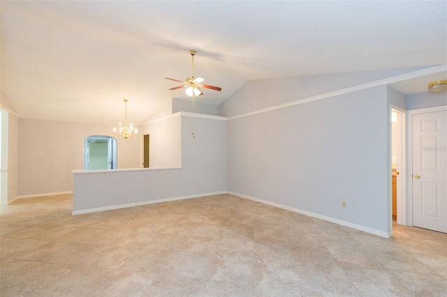 unfurnished living room featuring a ceiling fan, a chandelier, vaulted ceiling, and baseboards