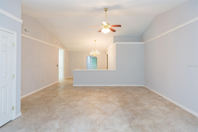 empty room with vaulted ceiling, ceiling fan, a chandelier, and baseboards