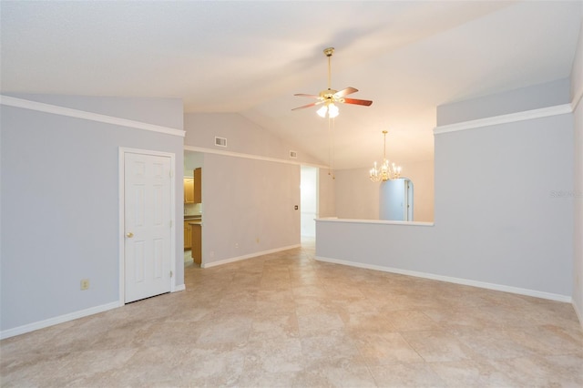 unfurnished room featuring ceiling fan, a chandelier, vaulted ceiling, and baseboards