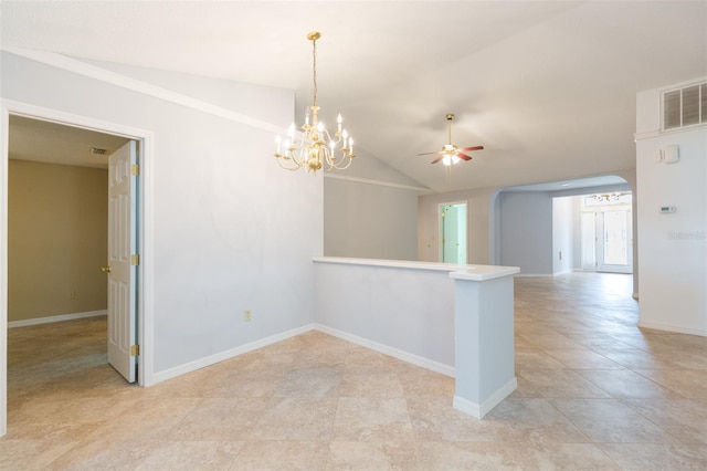 unfurnished room with a ceiling fan, lofted ceiling, baseboards, and a chandelier