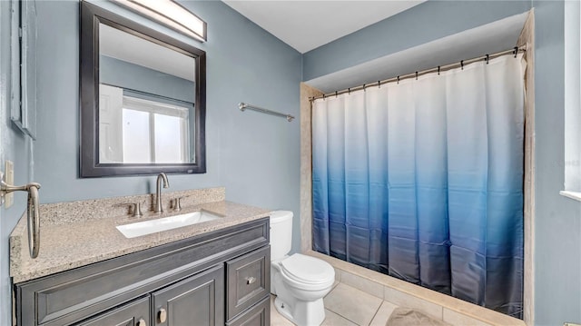 full bath with toilet, vanity, a shower with curtain, and tile patterned floors