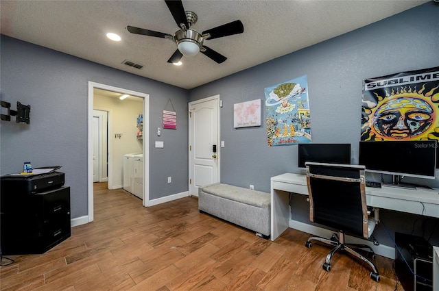 10149 Briar Cir, Hudson, FL 34667 - office featuring wood finished floors, ceiling fan, a textured ceiling, baseboards, and washing machine and clothes dryer