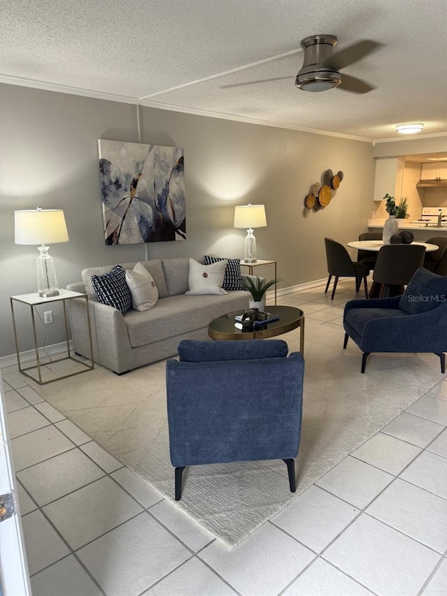 4801 W Mcelroy Ave Unit D104, Tampa, FL 33611 - living room with crown molding, light carpet, a textured ceiling, light tile patterned floors, and baseboards