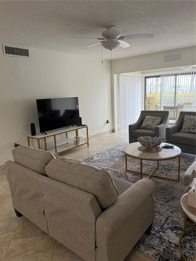 845 S Gulfview Blvd Unit 110, Clearwater Beach, FL 33767 - living area with ceiling fan, a textured ceiling, and tile patterned flooring