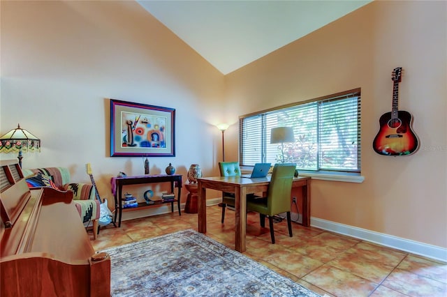 3406 Hollyhock Way, Tampa, FL 33618 - tiled home office with baseboards and high vaulted ceiling
