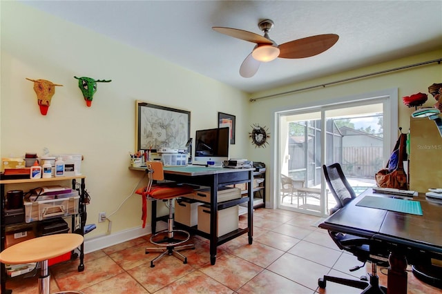 3406 Hollyhock Way, Tampa, FL 33618 - office featuring ceiling fan, light tile patterned floors, and baseboards