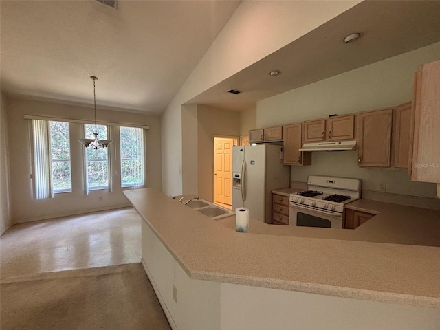 2846 N Kittery Pt, Hernando, FL 34442 - kitchen with white appliances, under cabinet range hood, lofted ceiling, a chandelier, and light countertops