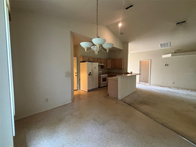 2846 N Kittery Pt, Hernando, FL 34442 - kitchen featuring white appliances, open floor plan, a chandelier, high vaulted ceiling, and pendant lighting