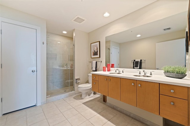 1208 E Kennedy Blvd Unit 831, Tampa, FL 33602 - full bathroom with toilet, a stall shower, tile patterned flooring, double vanity, and recessed lighting