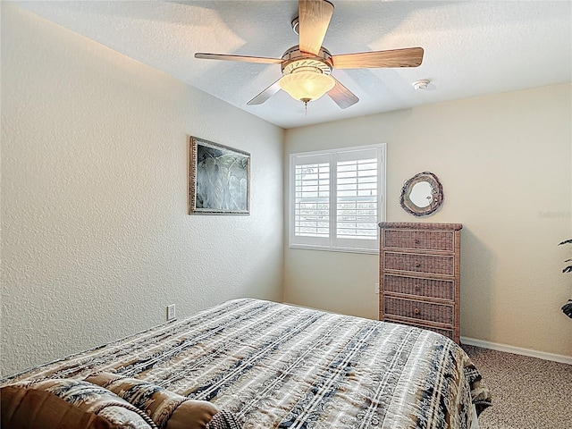 1628 Lullwater Ln, Lutz, FL 33549 - carpeted bedroom with a textured wall, a ceiling fan, baseboards, and a textured ceiling