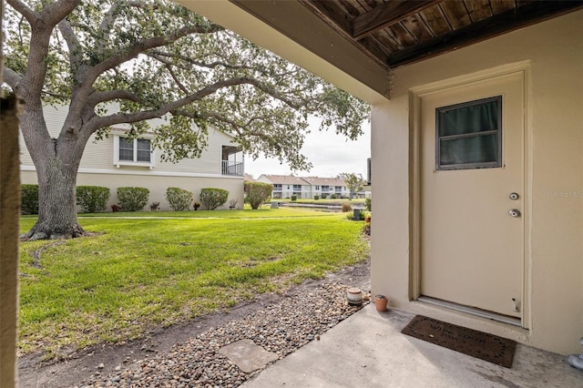 doorway to property with a lawn and stucco siding