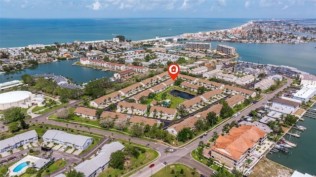aerial overview of property's location featuring a nearby body of water
