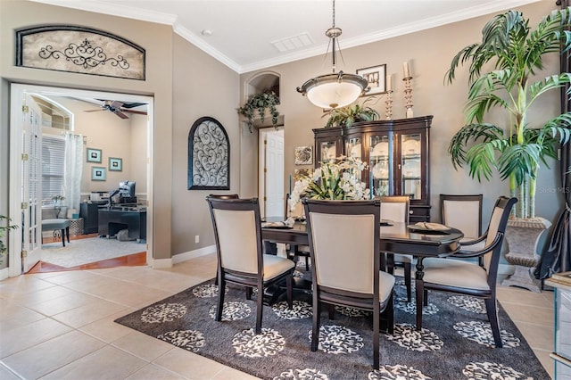 dining room with ornamental molding, a ceiling fan, light tile patterned floors, baseboards, and an office area
