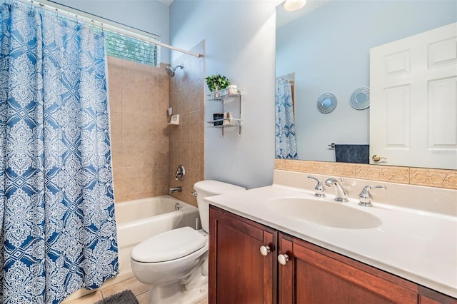 full bath featuring toilet, vanity, and shower / bath combo with shower curtain