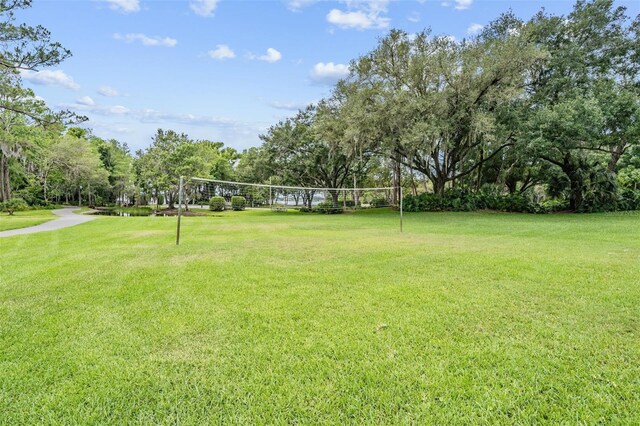 view of grassy yard with volleyball court and view of scattered trees