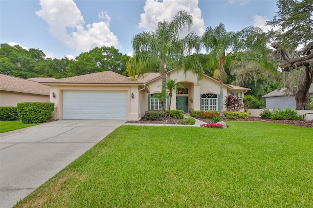ranch-style home with an attached garage, stucco siding, driveway, and a front lawn