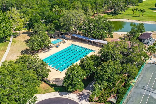 aerial view of a large body of water and a pool area