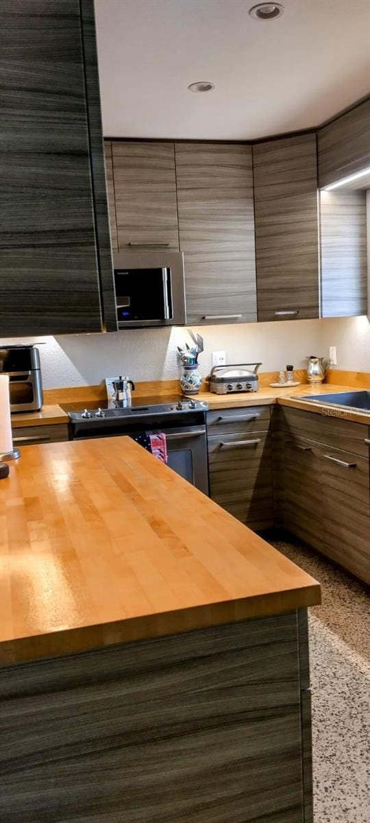 307 Druid Hills Rd, Temple Terrace, FL 33617 - kitchen with stainless steel microwave, range with electric stovetop, modern cabinets, and recessed lighting