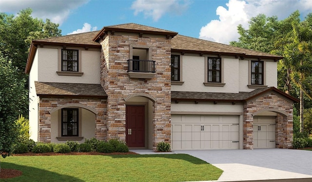 view of front of property featuring stucco siding, a balcony, an attached garage, and stone siding