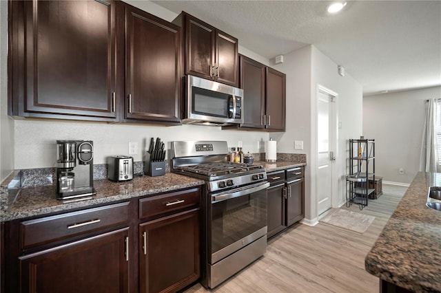 9640 Lemon Drop Loop, Ruskin, FL 33573 - kitchen featuring stainless steel appliances, dark brown cabinets, light wood-type flooring, and dark stone countertops