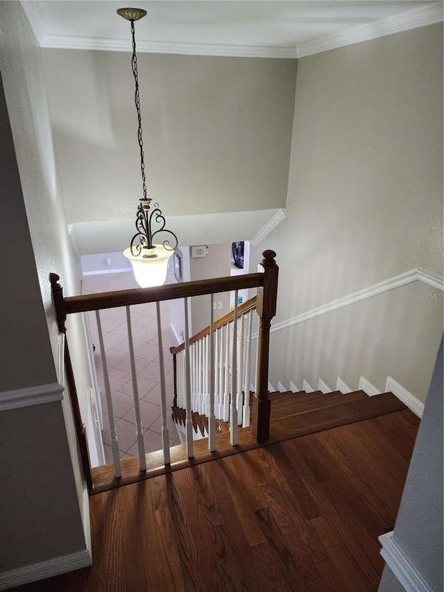 6906 Shady Pl, Tampa, FL 33634 - staircase with wood finished floors, crown molding, and baseboards
