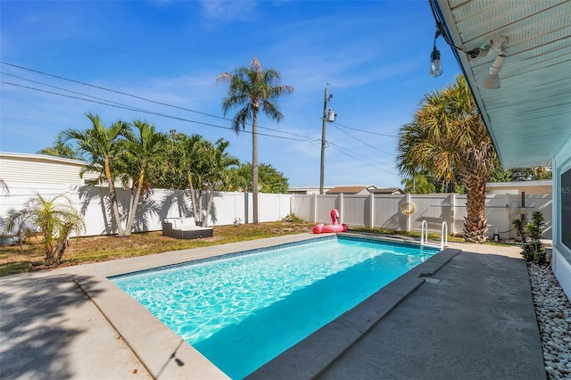 view of swimming pool featuring a fenced backyard and a patio
