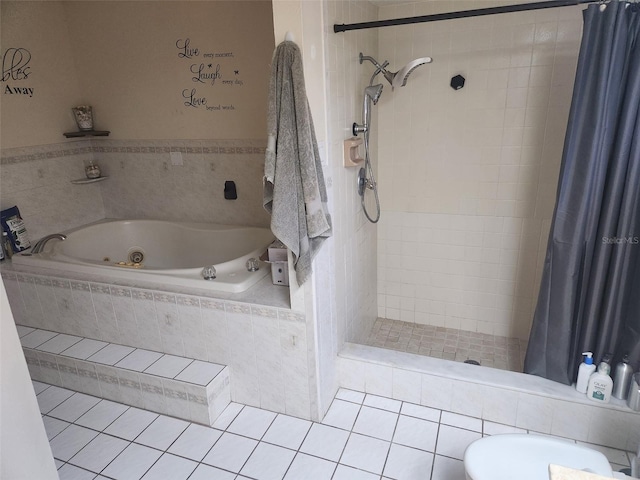 8209 Chaucer Dr, Weeki Wachee, FL 34607 - bathroom featuring a tub with jets, a tile shower, and tile patterned flooring