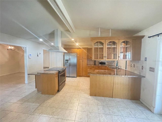 8209 Chaucer Dr, Weeki Wachee, FL 34607 - kitchen with island exhaust hood, appliances with stainless steel finishes, glass insert cabinets, tasteful backsplash, and brown cabinetry