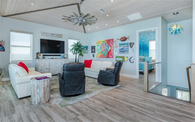 4620 Oro Pesos Ln, Captiva, FL 33924 - living room featuring wood finished floors, wooden ceiling, baseboards, a ceiling fan, and recessed lighting