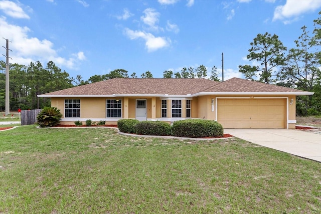 single story home featuring stucco siding, a garage, and driveway