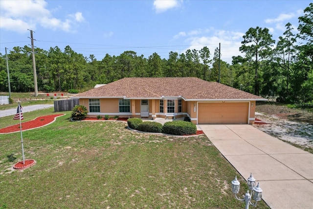 ranch-style house with a garage, driveway, a front yard, a porch, and stucco siding