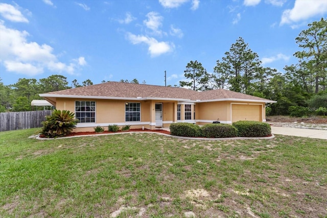 single story home with stucco siding, concrete driveway, and a garage