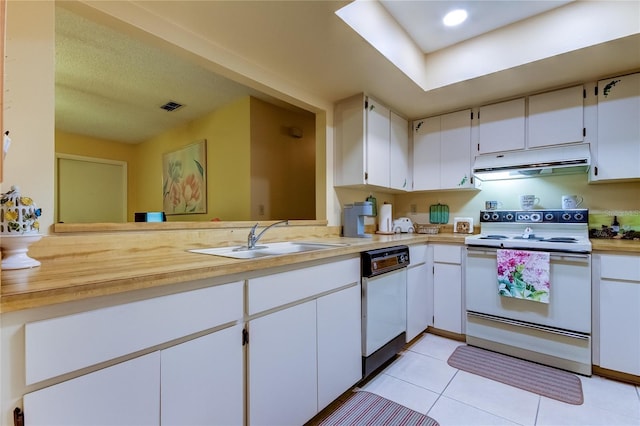 kitchen featuring white electric range oven, range hood, dishwasher, a sink, and light countertops
