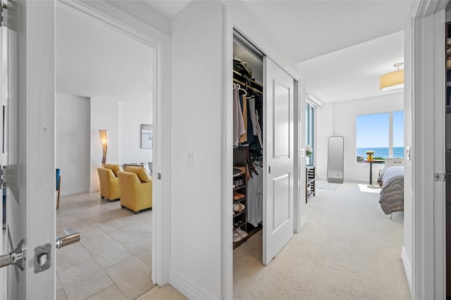 1325 Snell Isle Blvd NE Unit 810, Saint Petersburg, FL 33704 - hallway featuring a water view, baseboards, and light carpet