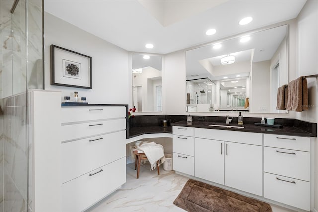 1325 Snell Isle Blvd NE Unit 810, Saint Petersburg, FL 33704 - bathroom featuring a marble finish shower, marble finish flooring, recessed lighting, and vanity