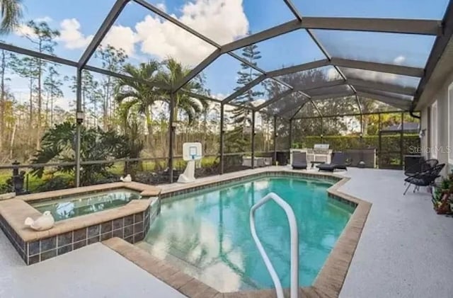 21513 Belvedere Ln, Estero, FL 33928 - view of swimming pool featuring a patio area, a pool with connected hot tub, and glass enclosure
