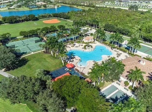 21513 Belvedere Ln, Estero, FL 33928 - drone / aerial view of a pool and a nearby body of water