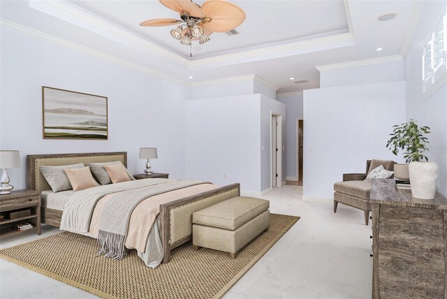 6120 9th Avenue Cir NE, Bradenton, FL 34212 - bedroom with light carpet, a tray ceiling, crown molding, recessed lighting, and baseboards