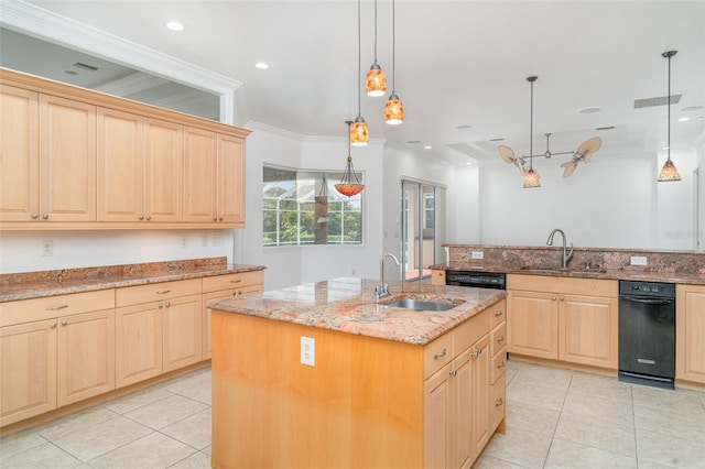 6120 9th Avenue Cir NE, Bradenton, FL 34212 - kitchen with light brown cabinetry, a sink, crown molding, and recessed lighting
