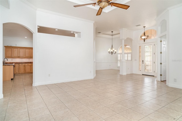 6120 9th Avenue Cir NE, Bradenton, FL 34212 - unfurnished living room with light tile patterned floors, a chandelier, a ceiling fan, a sink, and ornamental molding