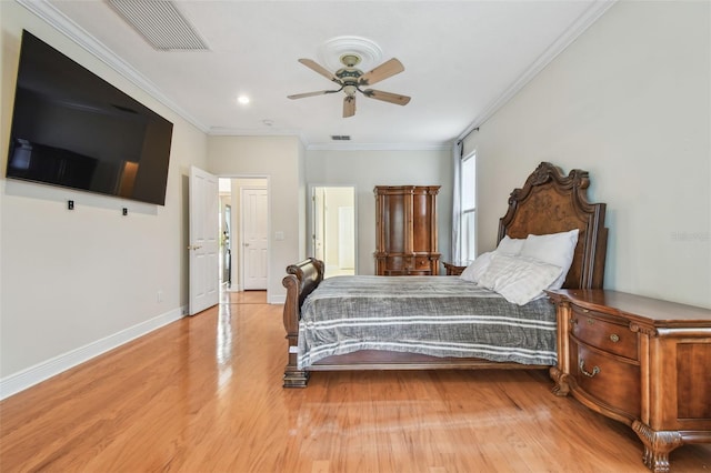 21215 Preservation Dr, Land O Lakes, FL 34639 - bedroom with light wood finished floors, ornamental molding, baseboards, a ceiling fan, and recessed lighting