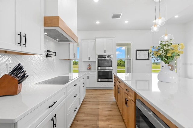 kitchen featuring stainless steel appliances, light wood-type flooring, backsplash, custom exhaust hood, and hanging light fixtures
